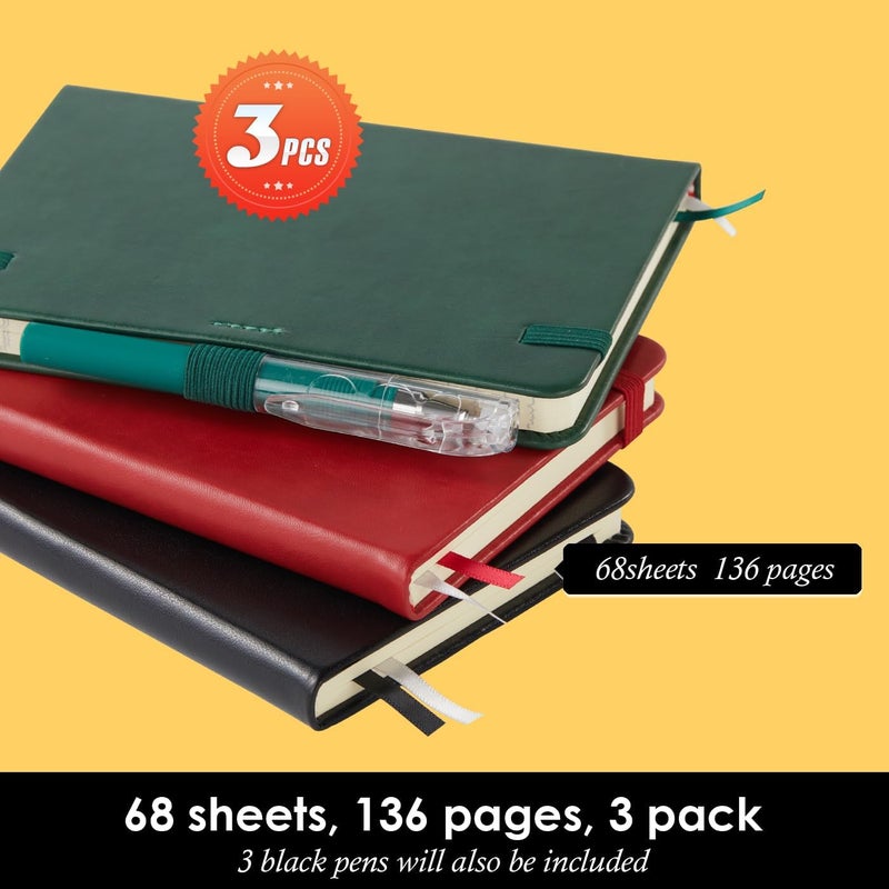 NIRMIRO Small Notebook Journals, 3 Pack Mini Pocket Note pads for Men & Women Writing, A6 Small Leather Notepad 3.7" x 5.7" with Pen, Black, Red, Green - Image 4